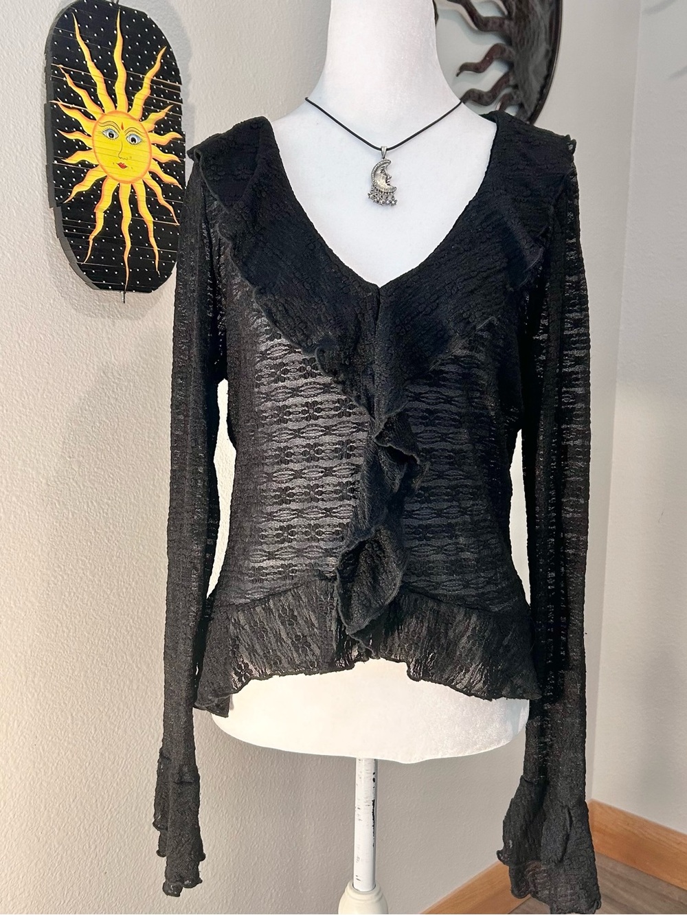 Y2K Sheer Lace Ruffle Bell Sleeve Blouse Fairy Grunge Top Whimsigoth Size XL